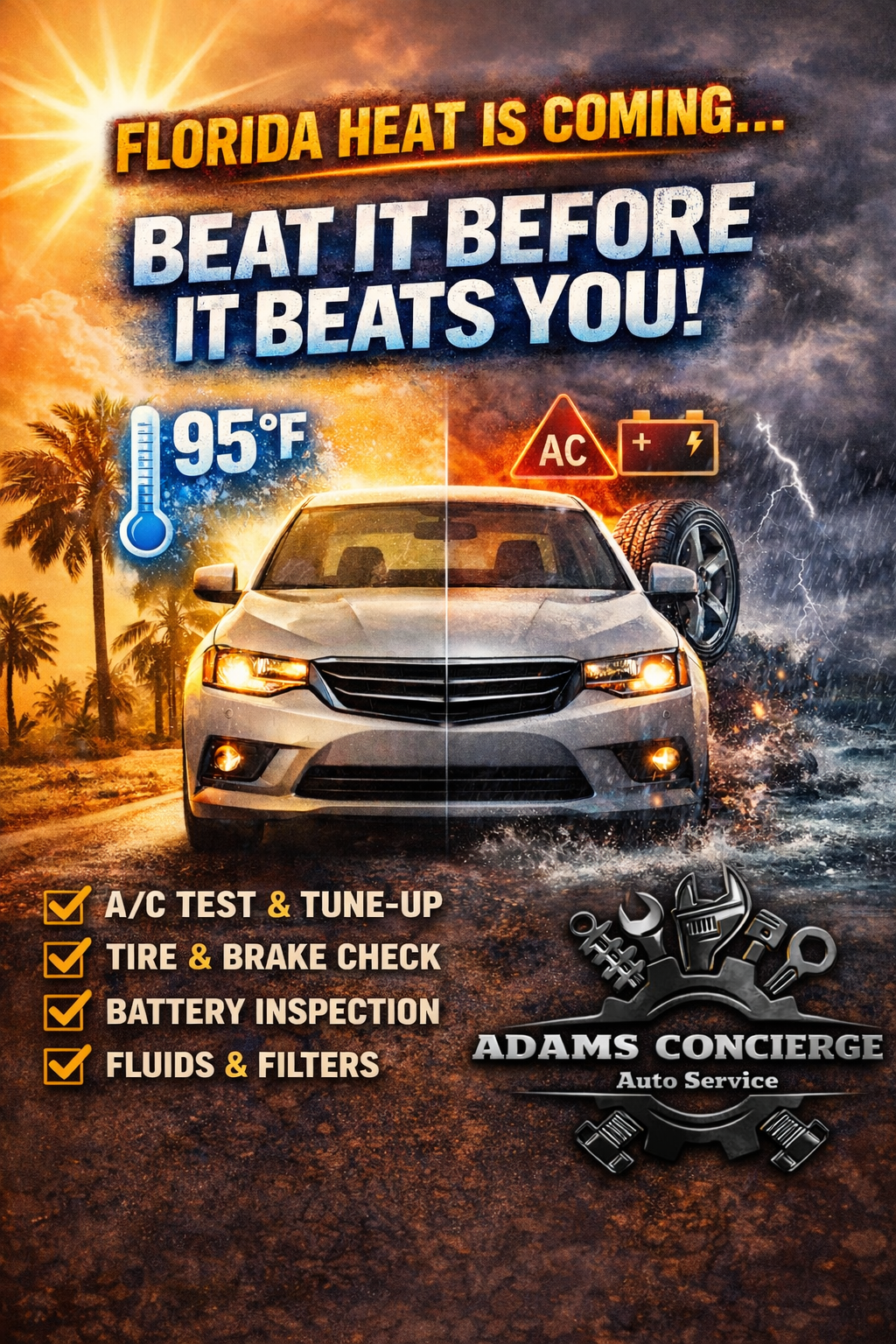 Adams Concierge Auto seasonal Facebook ad — Florida heat readiness check