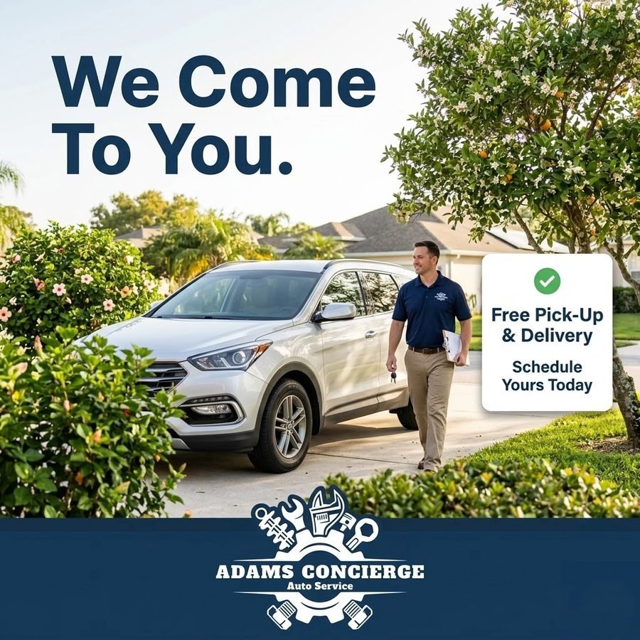 Adams Concierge Auto Facebook ad — We Come To You, free pick-up and delivery