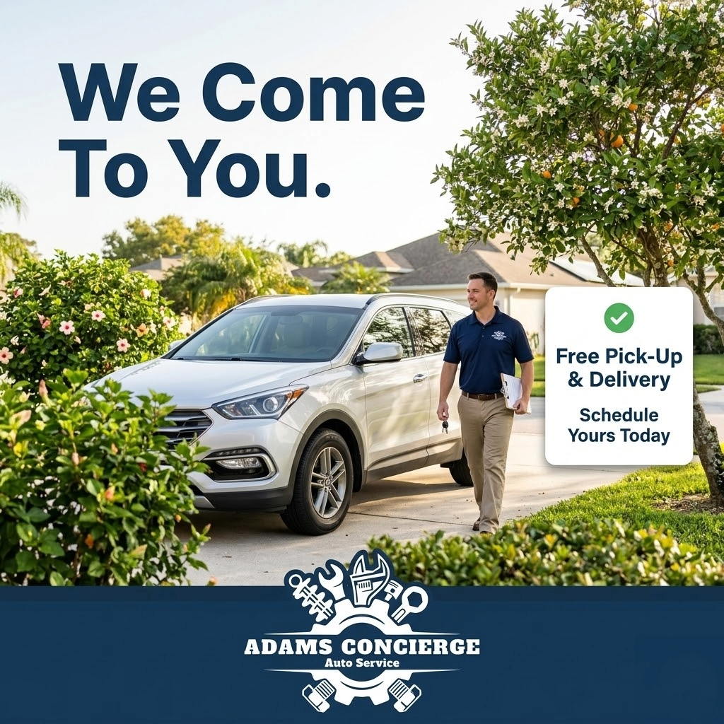 Adams Concierge Auto Facebook ad — We Come To You, free pick-up and delivery